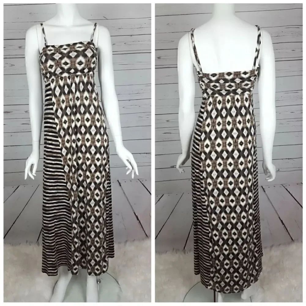 Soma Brown & White Spaghetti Strap Geometric Print Maxi Dress Size XS